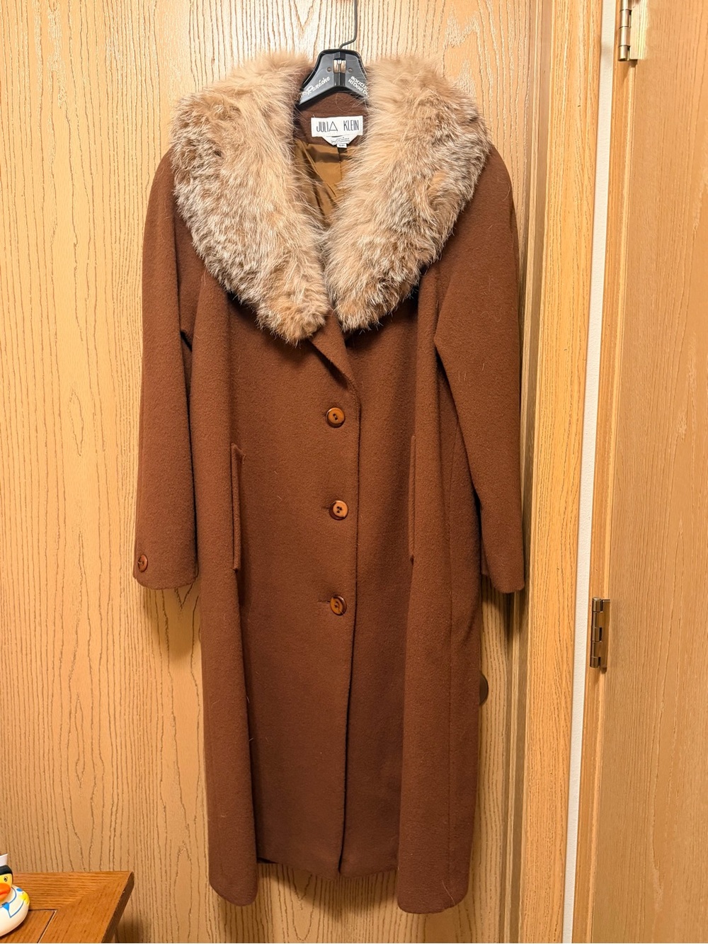 Vintage MCM Julia Klein Brown 100% Wool Faux Fur Collar Trench Coat Size 8P
